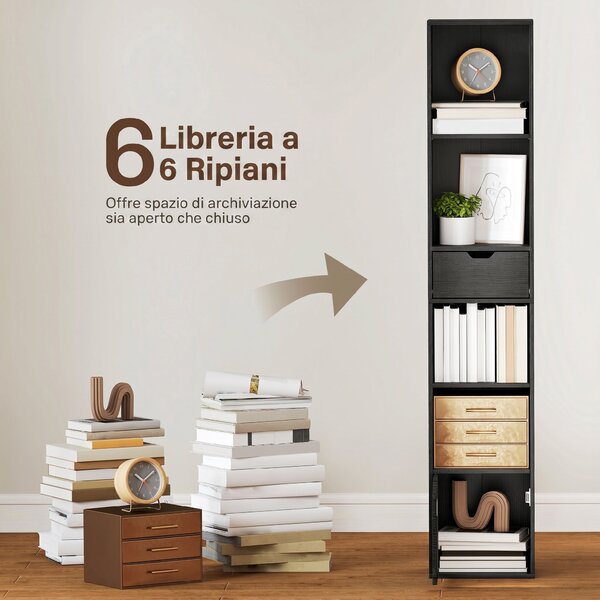 HOMCOM Scaffale Libreria a 4 Ripiani Aperti con Armadietto e Cassetto, 30x24x158 cm, Nero | Aosom Italy