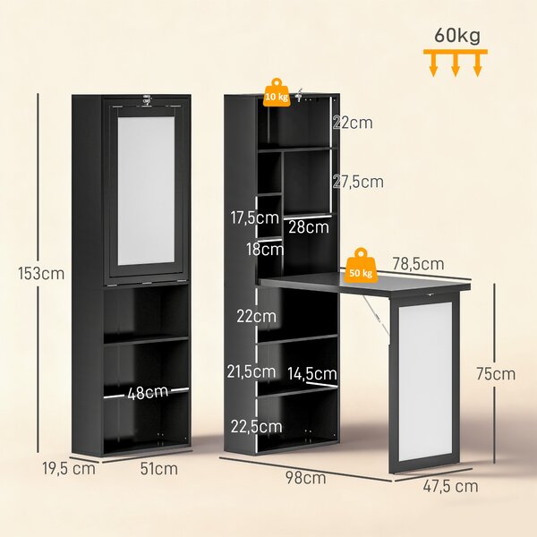 HOMCOM Scrivania Moderna Pieghevole con Libreria e Lavagna, in Legno e Metallo, 98x51x153 cm, Nero | Aosom Italy