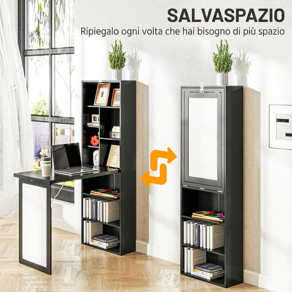 HOMCOM Scrivania Moderna Pieghevole con Libreria e Lavagna, in Legno e Metallo, 98x51x153 cm, Nero | Aosom Italy