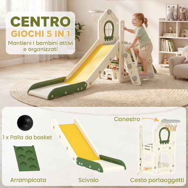 AIYAPLAY Scivolo per Bambini 1-3 Anni con Arrampicata, Canestro, Spazio Portaoggetti e Gradini antiscivolo, Crema | Aosom Italy