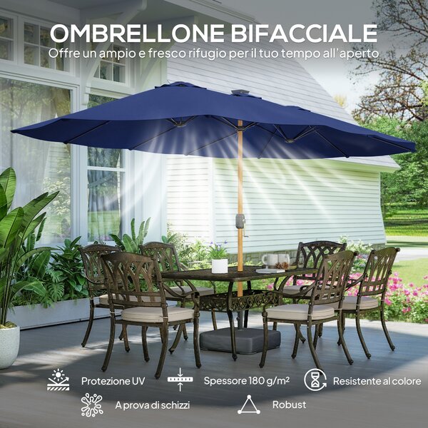 Outsunny Ombrellone Doppio a 12 Stecche con Manovella, Base a Croce e Sacchi di Sabbia, 4.7x2.8 m, Blu Scuro | Aosom Italy