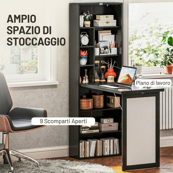 HOMCOM Scrivania Moderna Pieghevole con Libreria e Lavagna, in Legno e Metallo, 98x51x153 cm, Nero | Aosom Italy
