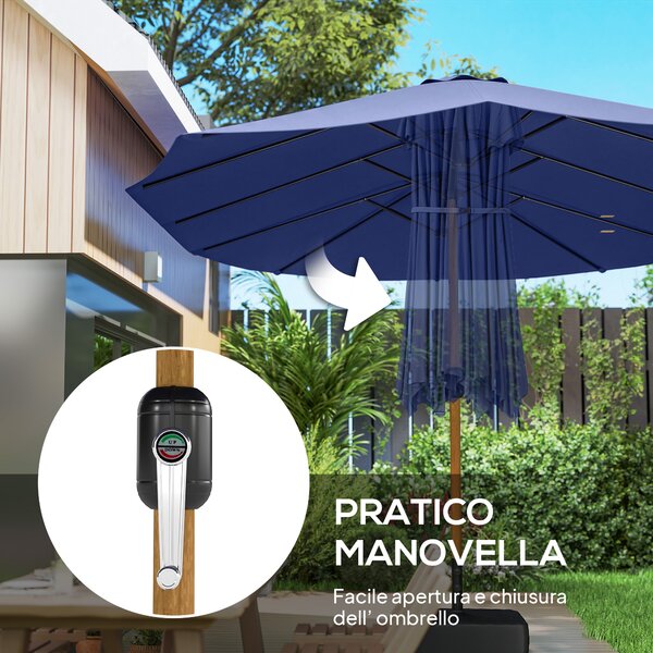 Outsunny Ombrellone Doppio a 12 Stecche con Manovella, Base a Croce e Sacchi di Sabbia, 4.7x2.8 m, Blu Scuro | Aosom Italy