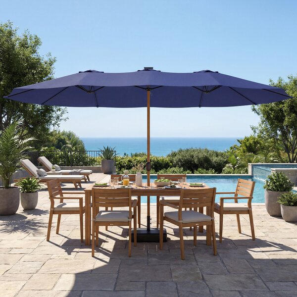 Outsunny Ombrellone Doppio a 12 Stecche con Manovella, Base a Croce e Sacchi di Sabbia, 4.7x2.8 m, Blu Scuro | Aosom Italy