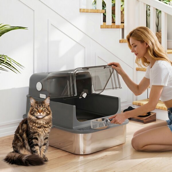 Lettiera per Gatti Chiusa da 52L con Coperchio Ribaltabile Doppia Porta Paletta in Acciaio Inox Nero