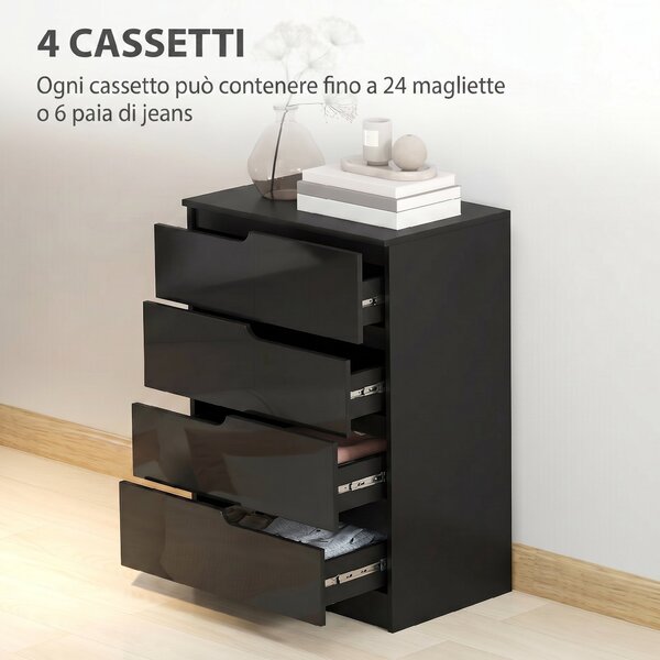 HOMCOM Cassettiera 4 Cassetti Moderna e Minimal in Legno, 60x40x85 cm, Nero Lucido | Aosom Italy