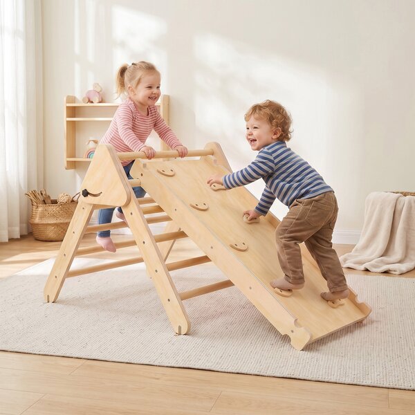 AIYAPLAY Gioco da Arrampicata con Triangolo e Pannello Scivolo ed Arrampicata, per Bambini 18-48 Mesi, Color Legno | Aosom Italy