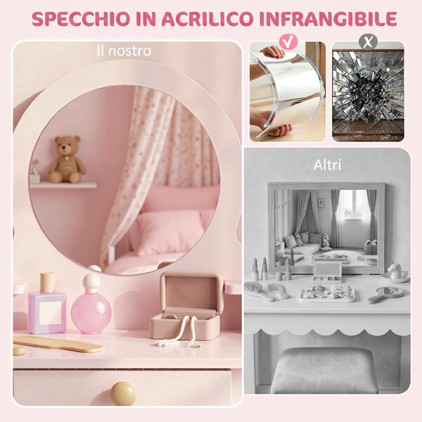 AIYAPLAY Set Toeletta Trucco Bambina con Sgabello, Specchio, Cassetto, in Legno di Pino e MDF, Età 3-6 Anni, Rosa | Aosom Italy