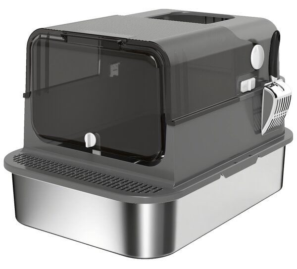Lettiera per Gatti Chiusa da 52L con Coperchio Ribaltabile Doppia Porta Paletta in Acciaio Inox Nero