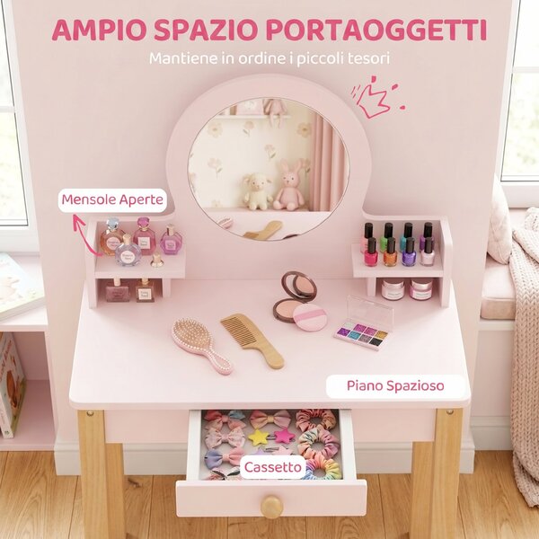 AIYAPLAY Set Toeletta Trucco Bambina con Sgabello, Specchio, Cassetto, in Legno di Pino e MDF, Età 3-6 Anni, Rosa | Aosom Italy