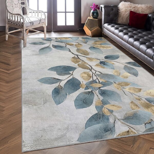 Passatoia azzurra/dorata lavabile 80x200 cm Golden Leaves – Mila Home