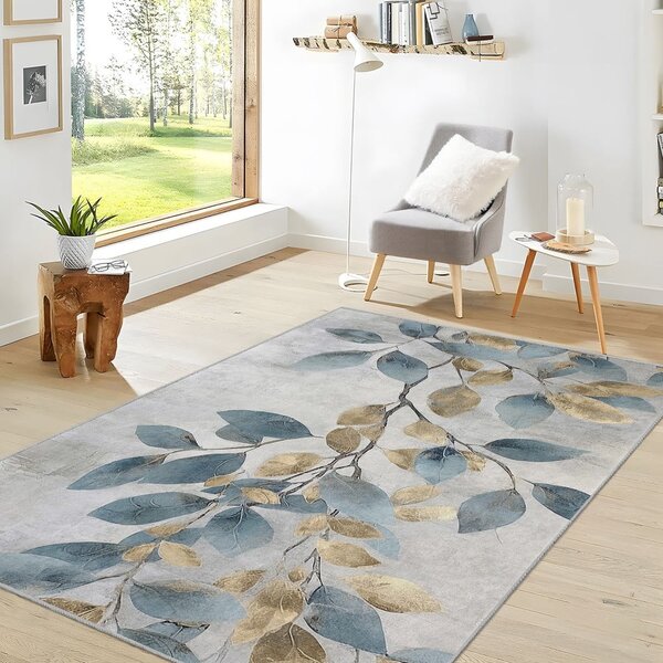 Passatoia azzurra/dorata lavabile 80x200 cm Golden Leaves – Mila Home