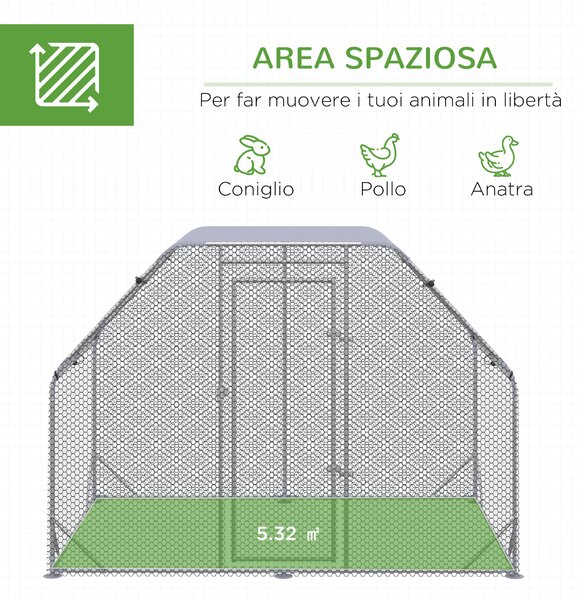PawHut Recinto per Galline con telo di copertura per 4-6 polli in acciaio, 280x190x195 cm|Aosom
