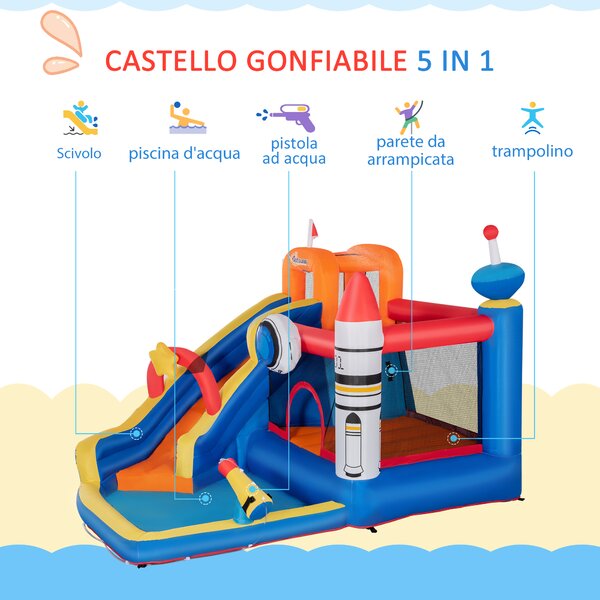 Outsunny Gioco Gonfiabile per Bambini 3-8 Anni a tema Spazio in Tessuto Oxford con Borsa da Trasporto, 11 Paletti e Toppe Inclusi, 340x270x227 cm