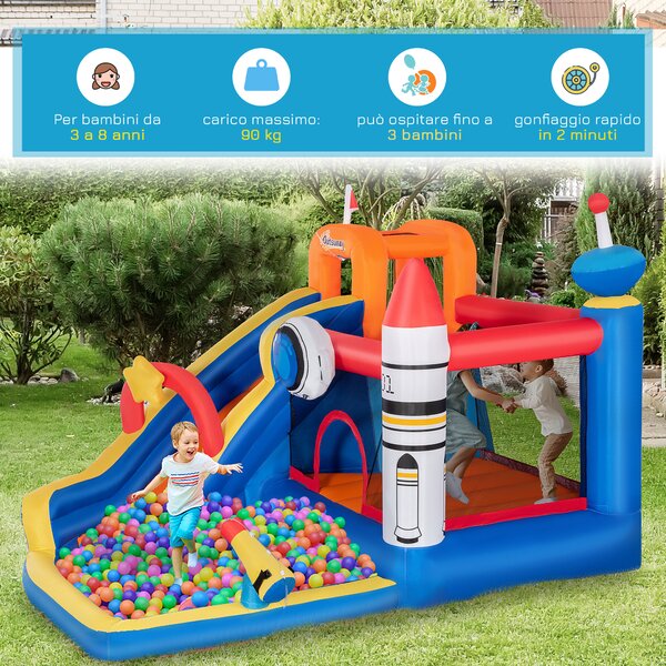 Outsunny Gioco Gonfiabile per Bambini 3-8 Anni a tema Spazio in Tessuto Oxford con Borsa da Trasporto, 11 Paletti e Toppe Inclusi, 340x270x227 cm