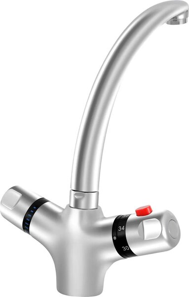 Rubinetto da cucina - Miscelatore termostatico - 2 maniglie - 20–50 °C - Bocca girevole a 360° - Altezza 23 cm - Aeratore 24 mm - Argento