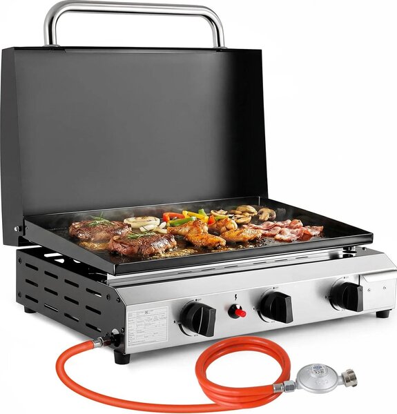 Barbecue a gas Plancha - 3 bruciatori - Con coperchio - Gas naturale - Accensione piezoelettrica - Acciaio inossidabile smaltato porcellanato - 7,2 kW (24.566 BTU) - Bianco