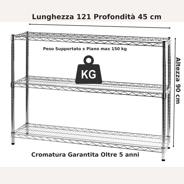 Scaffale cromato con 3 ripiani cromato in kit Dimensioni 45x121xh90 - peso 15,47 kg cm Cromo