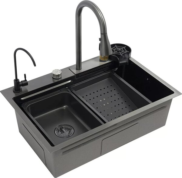Set lavello da cucina / lavello - Vasca singola - Acciaio inossidabile - Con rubinetto - 1 foro - Rettangolare - Nero