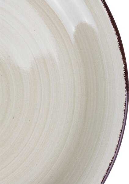 Set 6 piatti piani, 4 Toni In gres dipinto a mano (stoneware) Con bordino marrone Misure: � 26,4 x h. 2,7 cm Lavabili in lavastoviglie Utilizzabili in microonde Colore: sabbia