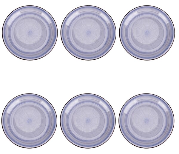 Set 6 piatti frutta, 4 Toni In gres dipinto a mano (stoneware) Con bordino marrone Misure: � 19,3 x h. 2,5 cm Lavabili in lavastoviglie Utilizzabili in microonde Colore indaco