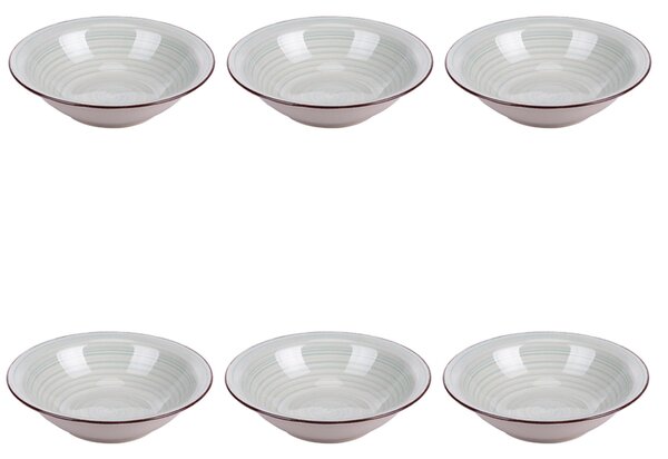 Set 6 piatti fondi, 4 Toni In gres dipinto a mano (stoneware) Con bordino marrone Misure: � 21,2 x h. 5,5 cm Lavabili in lavastoviglie Utilizzabili in microonde Colore: salvia