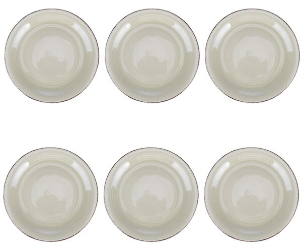 Set 6 piatti frutta, 4 Toni In gres dipinto a mano (stoneware) Con bordino marrone Misure: � 19,3 x h. 2,5 cm Lavabili in lavastoviglie Utilizzabili in microonde Colore: sabbia