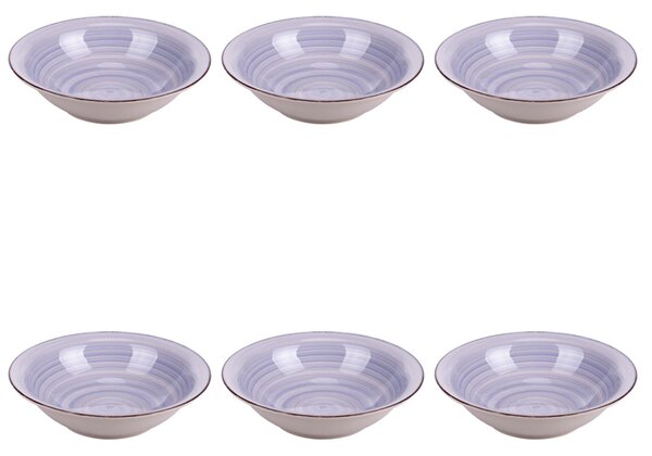 Set 6 piatti fondi, 4 Toni In gres dipinto a mano (stoneware) Con bordino marrone Misure: � 21,2 x h. 5,5 cm Lavabili in lavastoviglie Utilizzabili in microonde Colore indaco