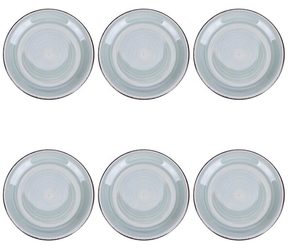 Set 6 piatti frutta, 4 Toni In gres dipinto a mano (stoneware) Con bordino marrone Misure: � 19,3 x h. 2,5 cm Lavabili in lavastoviglie Utilizzabili in microonde Colore verde salvia