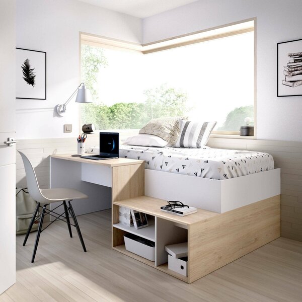 Composizione camera da letto Argh, 195x134h73 cm, Bianco e Rovere
