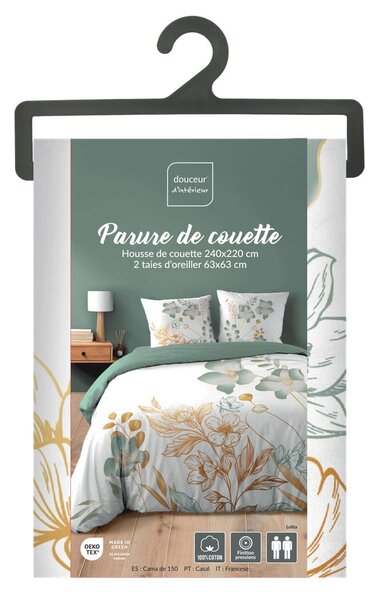 Set copripiumino e federa bianco/verde in cotone per letto matrimoniale ed esteso 240x220 cm Lolita – douceur d'intérieur