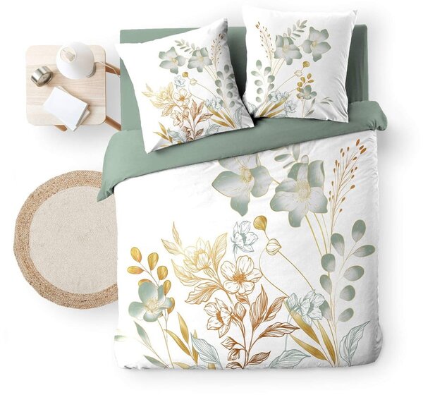 Set copripiumino e federa bianco/verde in cotone per letto matrimoniale ed esteso 240x220 cm Lolita – douceur d'intérieur