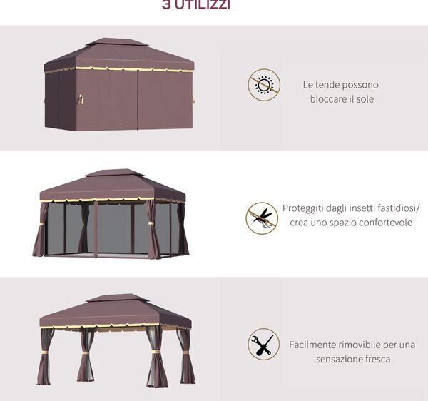 Outsunny Gazebo da Giardino Impermeabile con Doppio Tetto, Zanzariera e Teli Laterali, in Alluminio e Poliestere, 2.9x3.9 m, Caffè | Aosom Italy