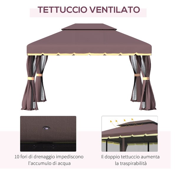 Outsunny Gazebo da Giardino Impermeabile con Doppio Tetto, Zanzariera e Teli Laterali, in Alluminio e Poliestere, 2.9x3.9 m, Caffè | Aosom Italy