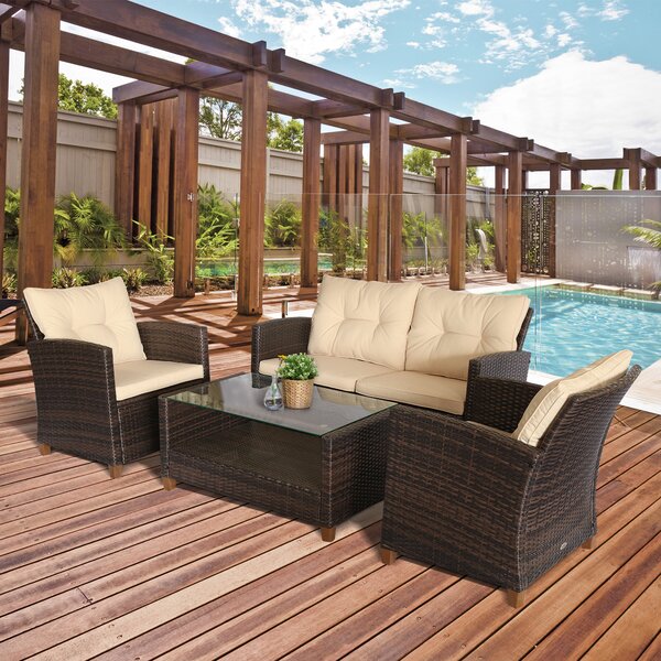 Outsunny Set Mobili da Giardino 4 Pezzi in Rattan PE con Tavolino, Divano e Poltrone Imbottiti, Marrone e Beige 124x68x76cm
