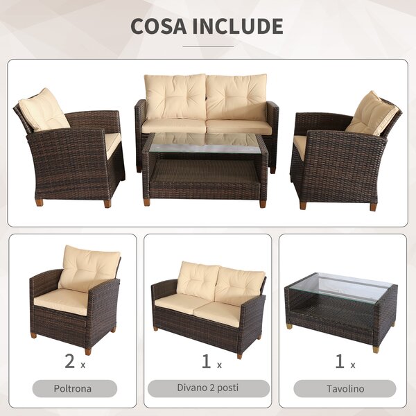Outsunny Set Mobili da Giardino 4 Pezzi in Rattan PE con Tavolino, Divano e Poltrone Imbottiti, Marrone e Beige 124x68x76cm