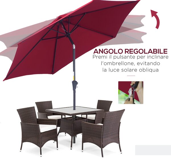Outsunny Ombrellone da Giardino Rosso Scuro, Inclinabile con Apertura a Manovella, Grande Copertura Ø2.7x2.35m per Esterno|Aosom