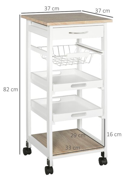 HOMCOM Carrello da Cucina salvaspazio in legno MDF bianco: 1 cassetto, 1 cestello, 2 vassoi, ripiano e 4 ruote, 37 x 37 x 82cm|Aosom