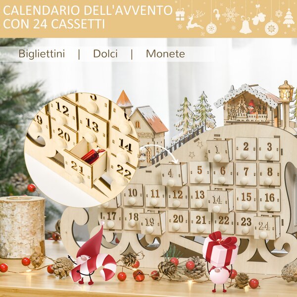 HOMCOM Calendario Avvento di Natale in Legno a Forma di Slitta con 24 Cassetti da Riempire, Decorazioni e Luci a LED, 45x10x31cm | Aosom Italy