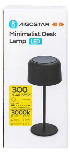 Lampada da tavolo Led touch Minimalist Nera 3W portatile ricaricabile energia solare Aigostar