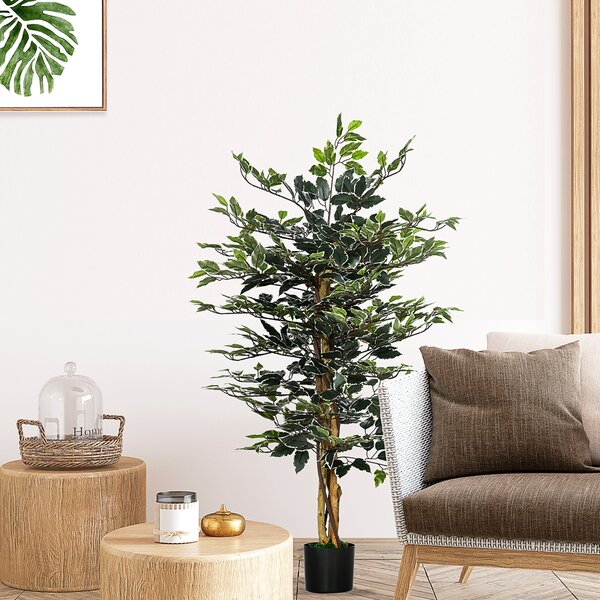 HOMCOM Pianta Artificiale di Fico da 130 cm a 702 Foglie e 3 Tronchi con Vaso Ø15x12.5 cm, per Interni ed Esterni, Verde e Bianco|Aosom