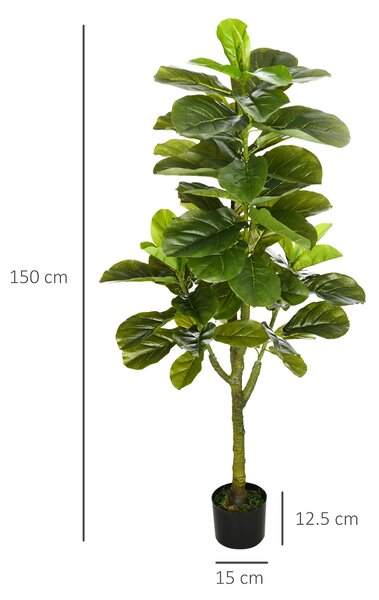 HOMCOM Pianta Artificiale di Ficus da 150 cm a 75 Foglie e 3 Rami con Vaso Ø15x12.5 cm, per Interni ed Esterni, Verde|Aosom