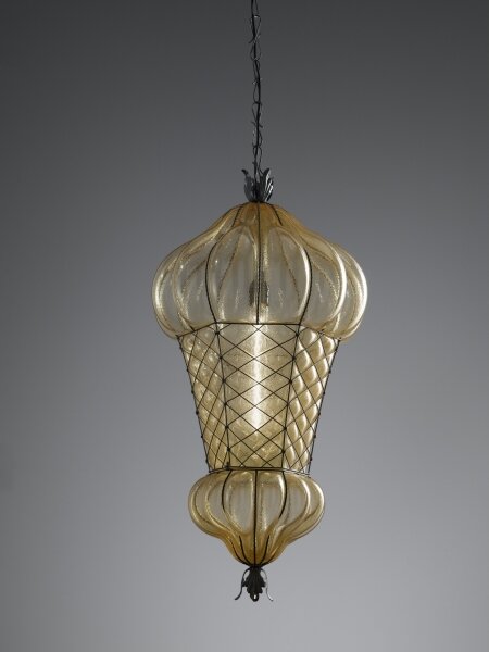 SIRU - Lampadario a sospensione con catena BABÀ 1xE27/60W/230V diametro 30 cm beige/marrone Vetro veneziano