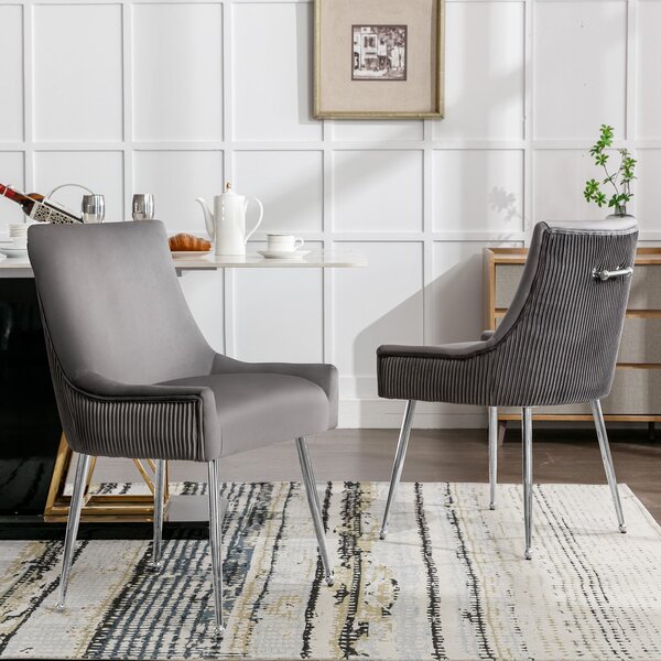 Set 2 sedie moderne in tessuto effetto velluto con Strisce Verticali e Seduta Imbottita, 54x57.5x86.5 cm, Grigio|Aosom