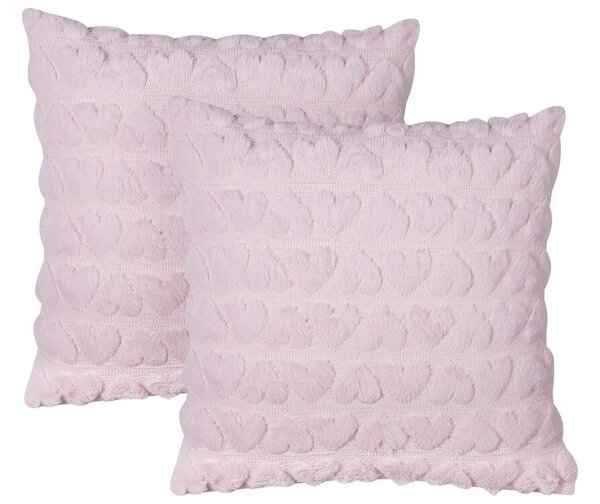 Set di 2 cuscini in tessuto rosa ricamati con motivo a cuoricini 45 x 45 cm morbida imbottitura Beliani