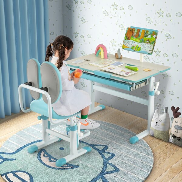Costway Scrivania per bambini regolabile con piano inclinabile cassetto, Scrivania per bambini tavolo ergonomico Azzurro
