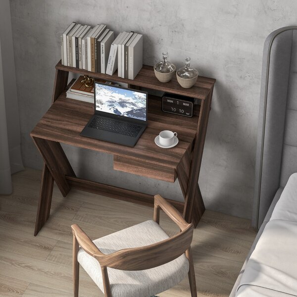 Costway Scrivania per computer con cassetto portaoggetti e supporto per monitor, Tavolo da studio per casa e ufficio Noce