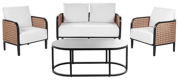 Set da giardino in metallo con divano 2 posti tavolino 2 poltrone Alluminio con cuscini idrorepellenti ad Intreccio viennese e schienale PE rattan Bianco sporco Beliani