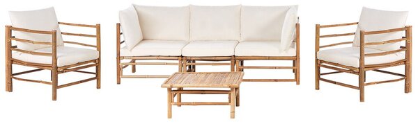 Set da giardino modulare con divano a 3 post 2 poltrone e tavolino in bambù naturale con cuscini bianco crema esterno elegante Beliani