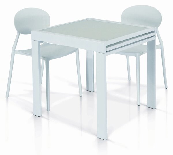Tavolo ARSENAL in vetro e metallo di colore bianco allungabile 90×90 cm –  180×90 cm